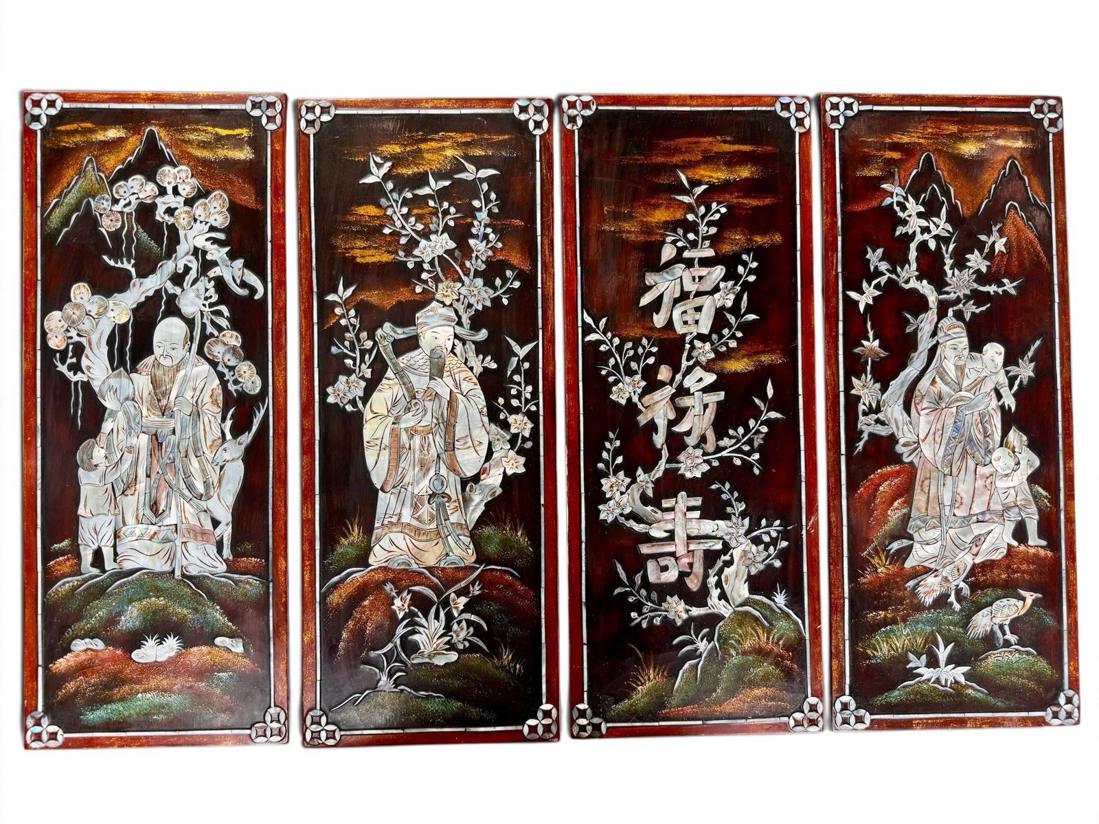 Vintage Chinese Mother of Pearl Inlay Lacquer Wall Plaques Fu Lu Shou Set of 4