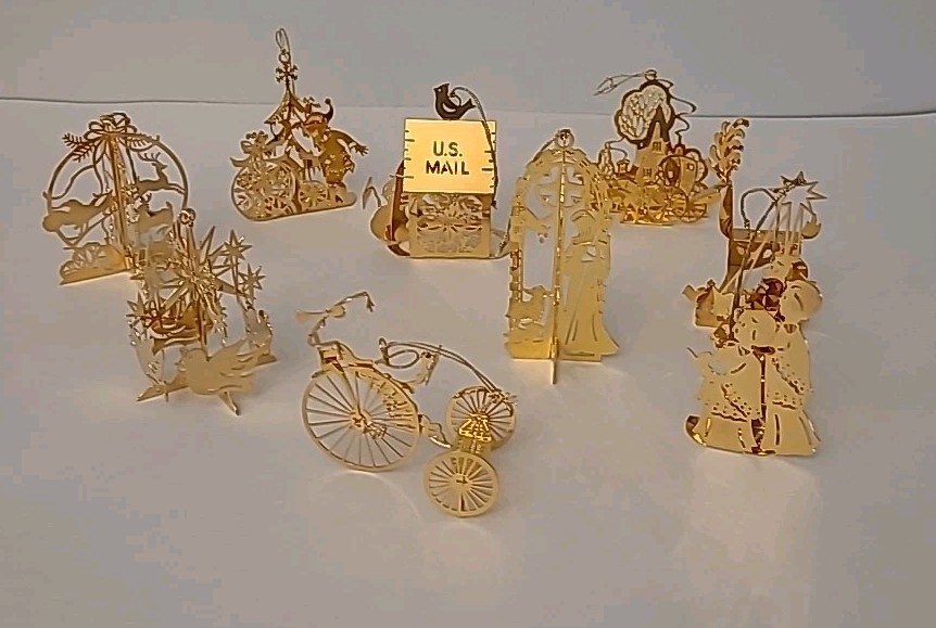 Vintage Danbury Mint Gold-Plated Christmas Ornaments: Lot of 8