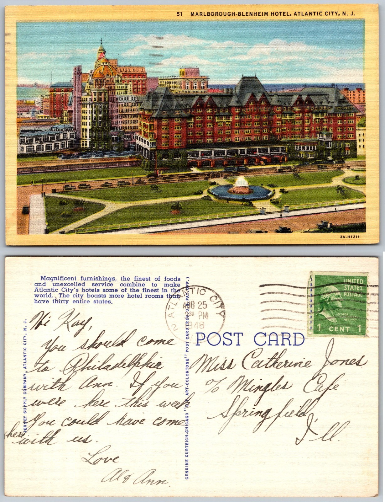 Marlborough Blenheim Hotel Atlantic City NJ Postcard