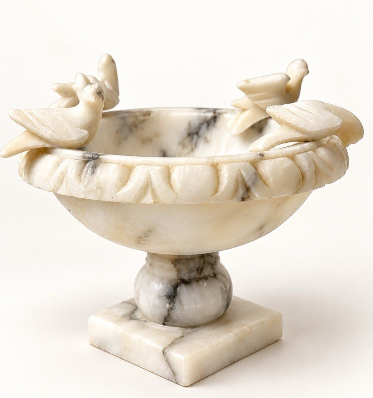 Vintage Italian Alabaster Marble Mini Bird Bath Pedestal 4 Birds Stone Sculpture