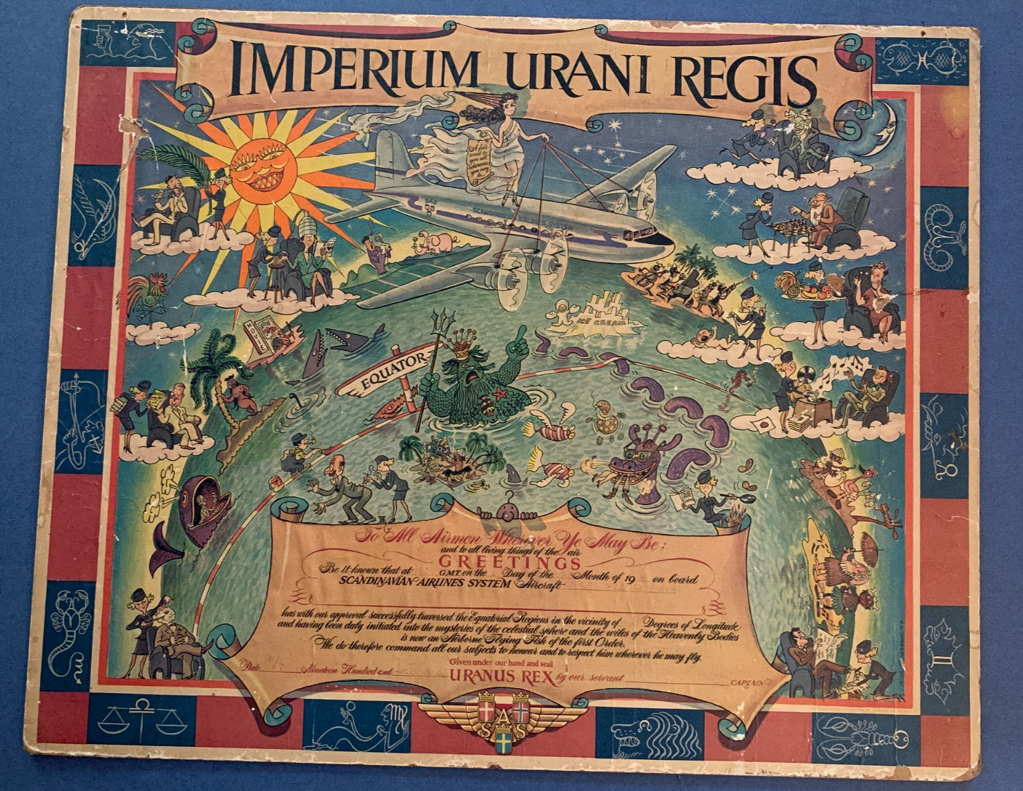 Rare Vintage 1940s Imperium Urani Regis Scandinavian Airlines Certificate Poster