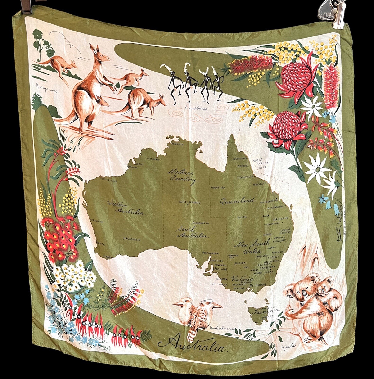 Vintage Australia Women’s Souvenir Scarf Flowers & Animals Francois By Neil 25”