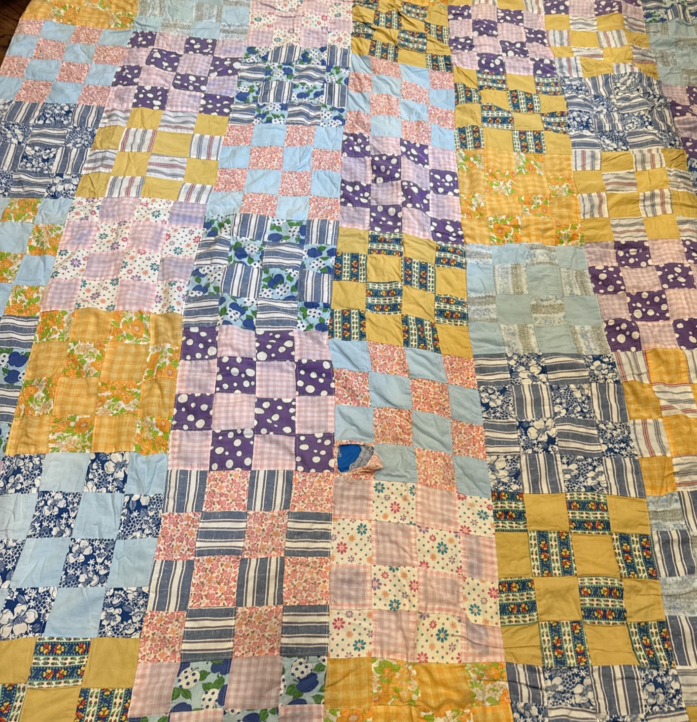 Large Vintage 1950s-60s Homemade Quilt 80” X 95”Square Pattern Various Prints