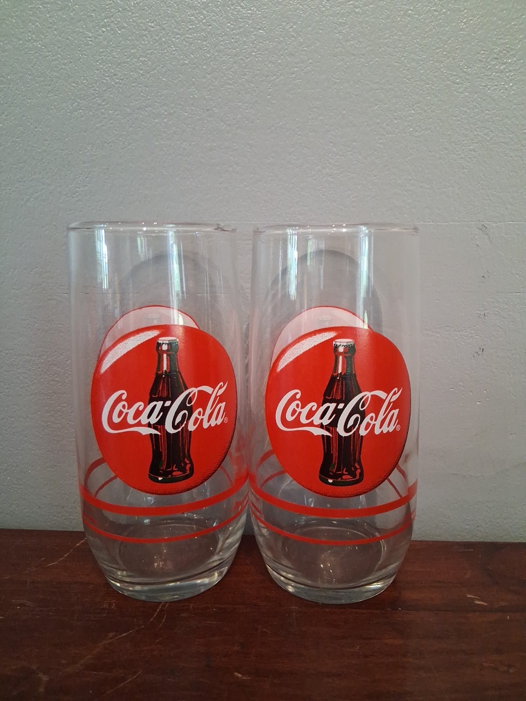 1999 ADVERTISING COCA-COLA DRINKING GLASSES 14 OZ. RED WHITE BROWN BOTTLE LABEL