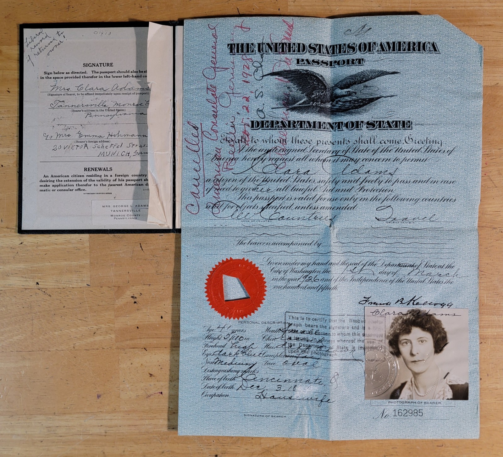 Aviation Pioneer Clara Adams 1926 United States Passport