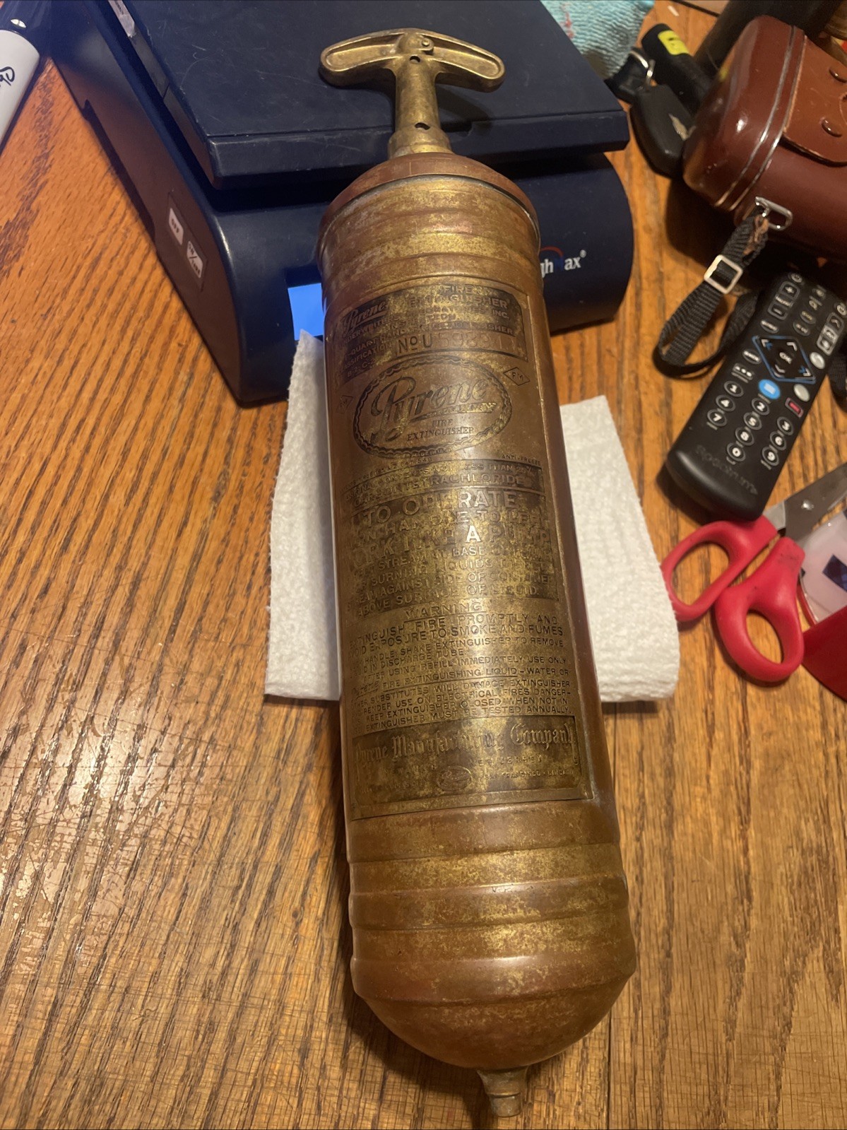 Vintage Pyrene Brass Fire Extinguisher 1 Quart Hand Pump Empty Patina U-598943