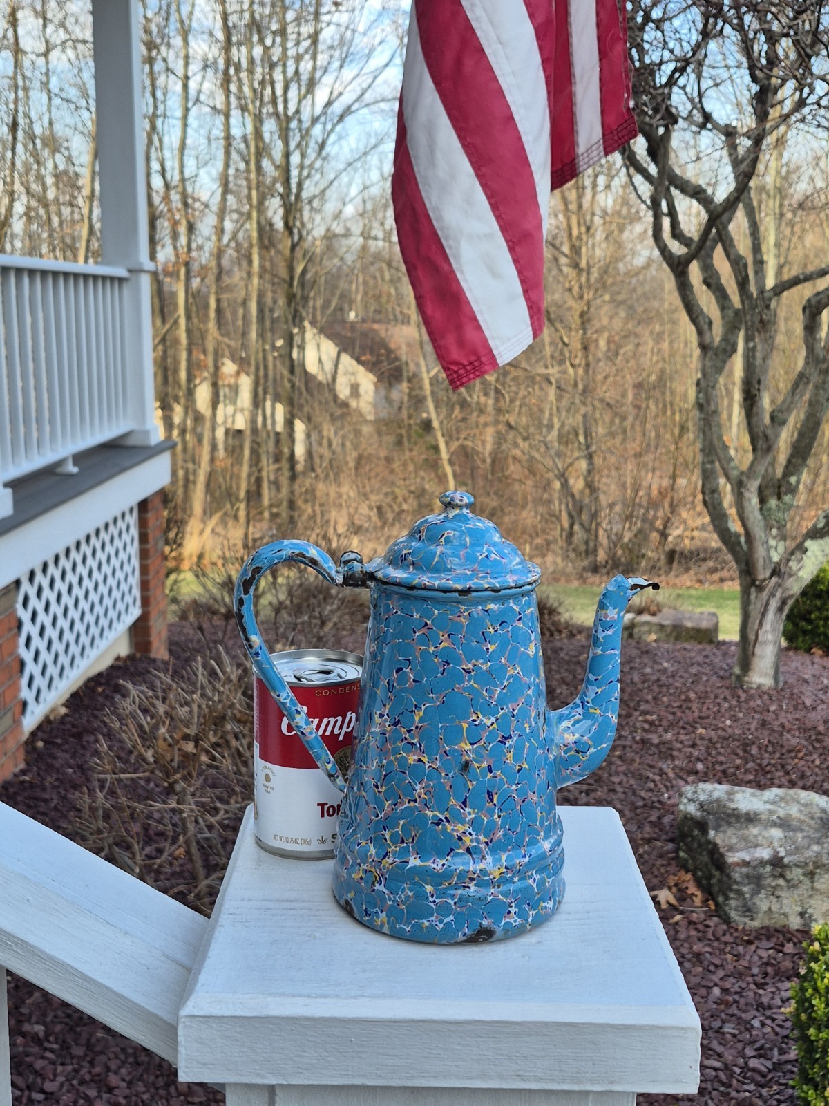 GORGEOUS Antique Blue END OF DAY Graniteware Enamelware GOOSENECK Coffee Pot