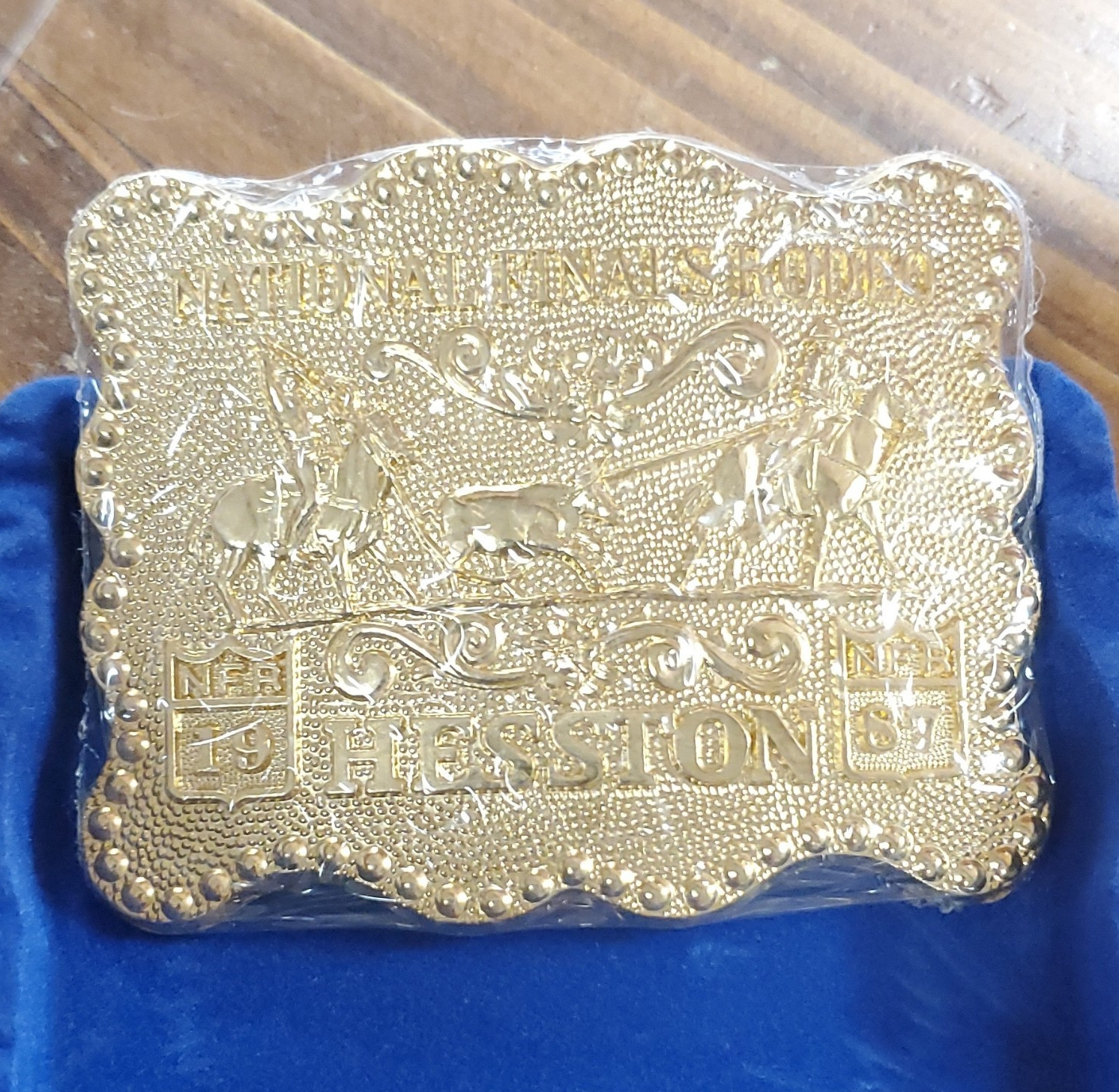 Hesston NFR 1987 Gold-Plated Western Americana Belt Buckle w/ Display Box
