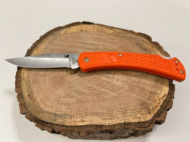 Buck 110 Slim USA Orange Plain Edge Blade Folding Pocket Knife - Great--