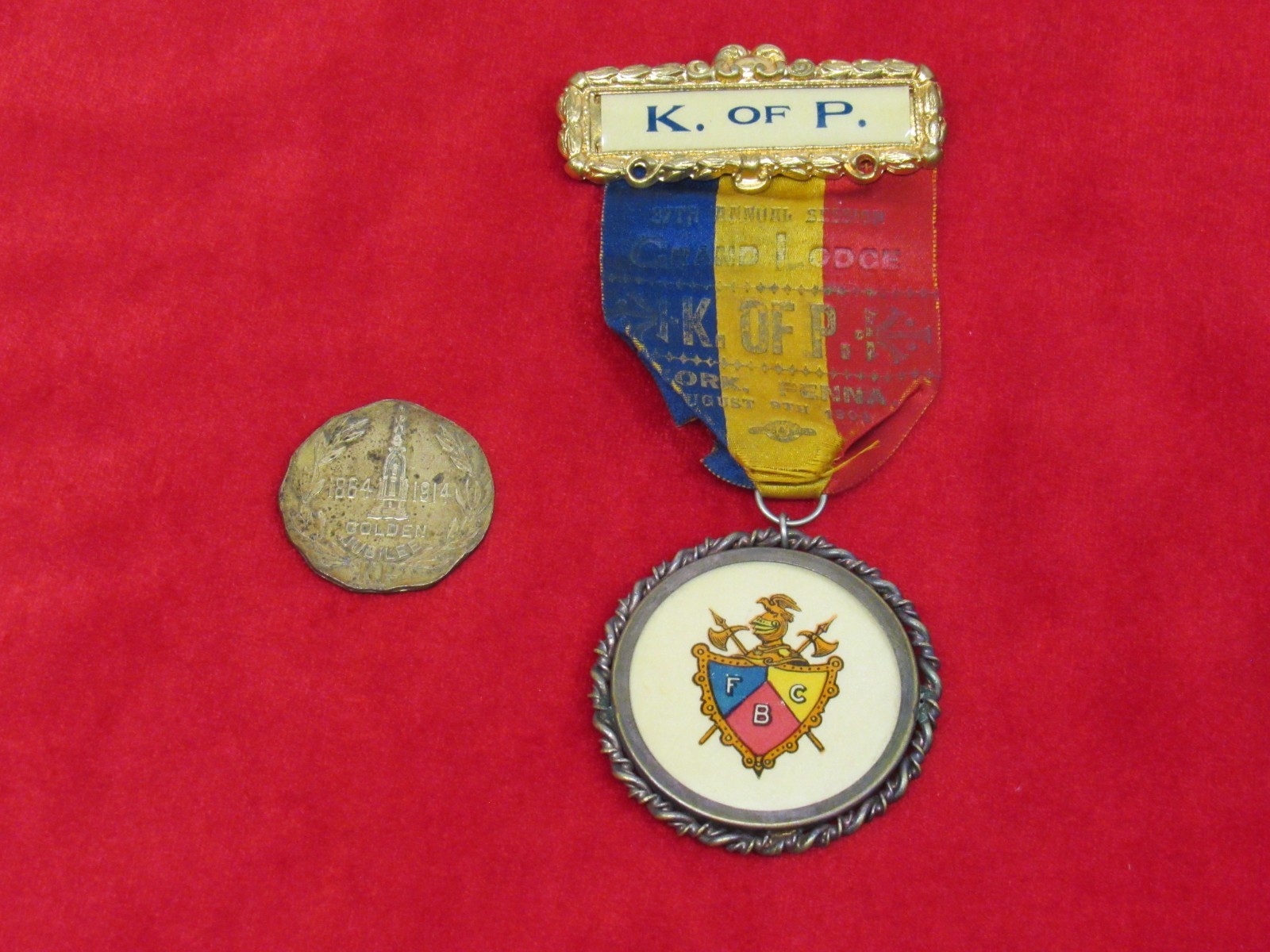 Antique/ Vintage Knights Of Pythias Ribbon and 1914 Souvenir Anniversary Token. Antique/ Vintage Knights Of Pythias Ribbon and 1914 Souvenir Anniversary Token.