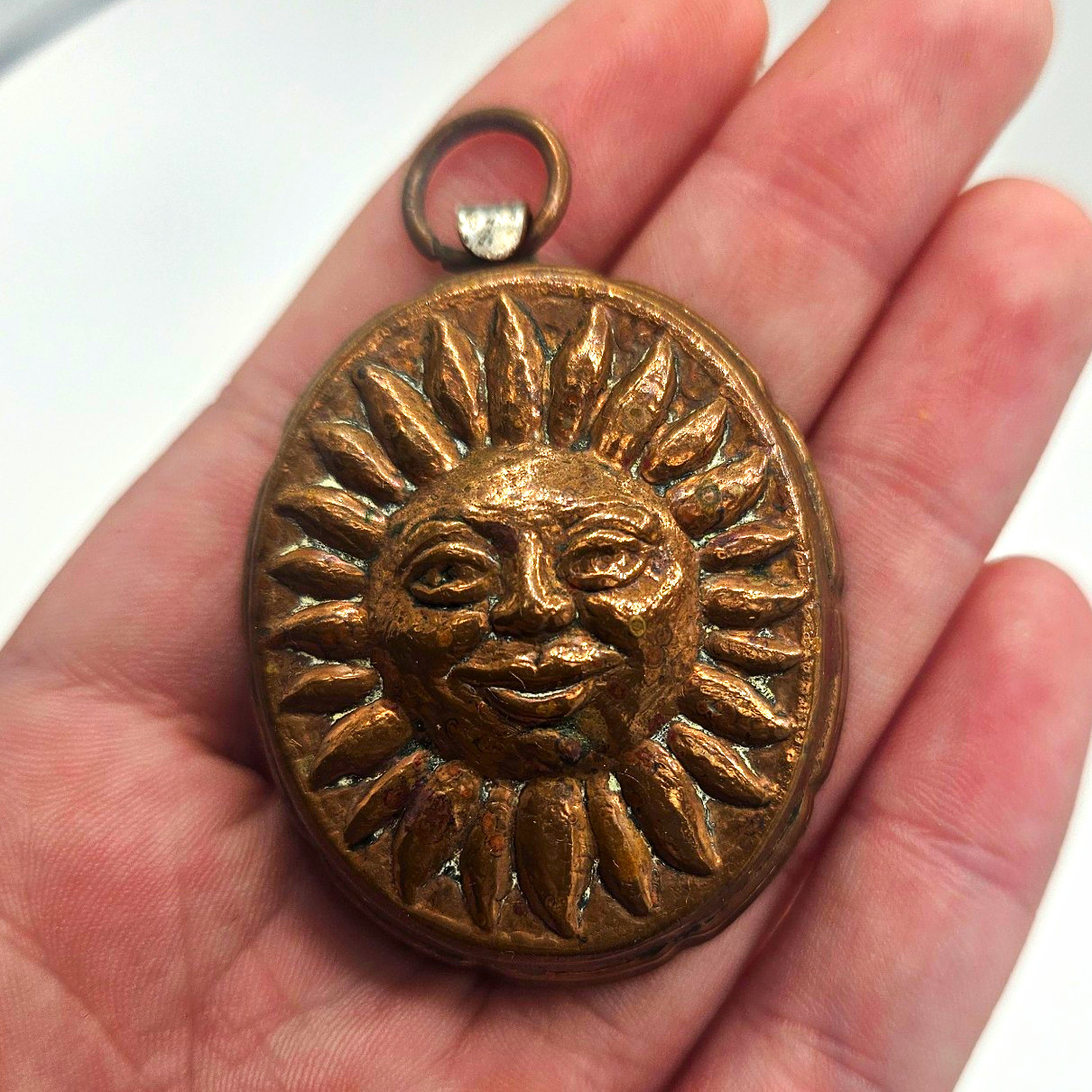 Vintage Copper Sun Face Oval Metal Pendant Celestial Chocolate Mold Small Charm Vintage Copper Sun Face Oval Metal Pendant Celestial Chocolate Mold Small Charm