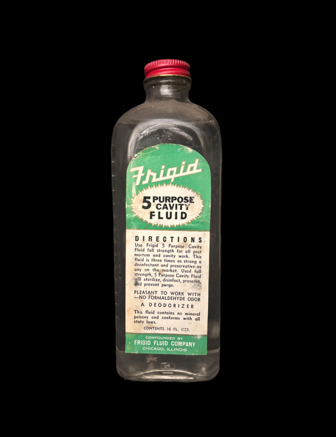 Vintage Frigid Cavity Fluid Bottle Sealed 16oz Glass Embalming Mortuary Medical