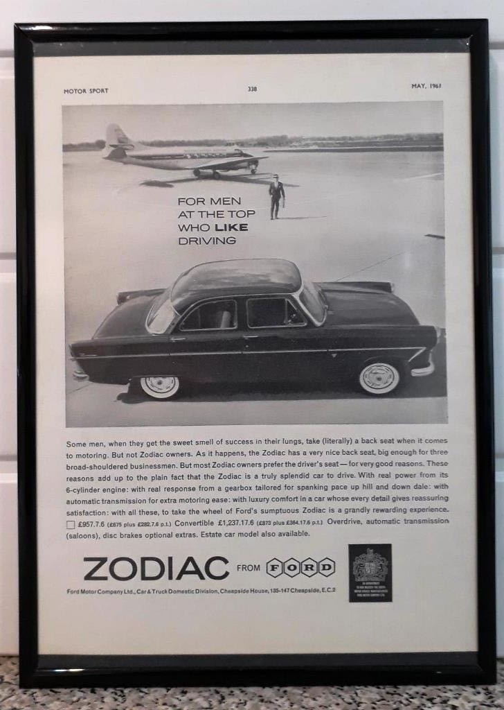 Framed original Classic Car Ad for the Ford Zodiac from 1961 Framed original Classic Car Ad for the Ford Zodiac from 1961