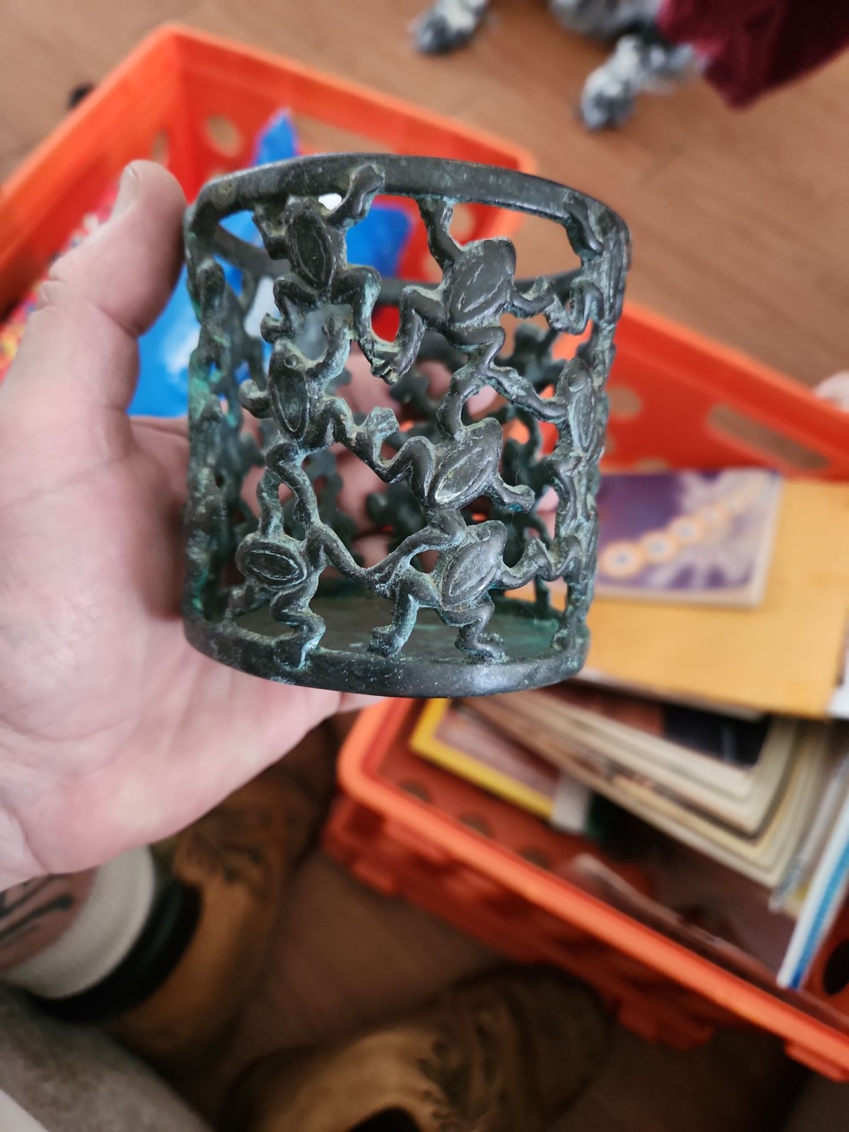 Vintage Patinated Bronze Frog Cup Holder or Candle Sleeve Vintage Patinated Bronze Frog Cup Holder or Candle Sleeve