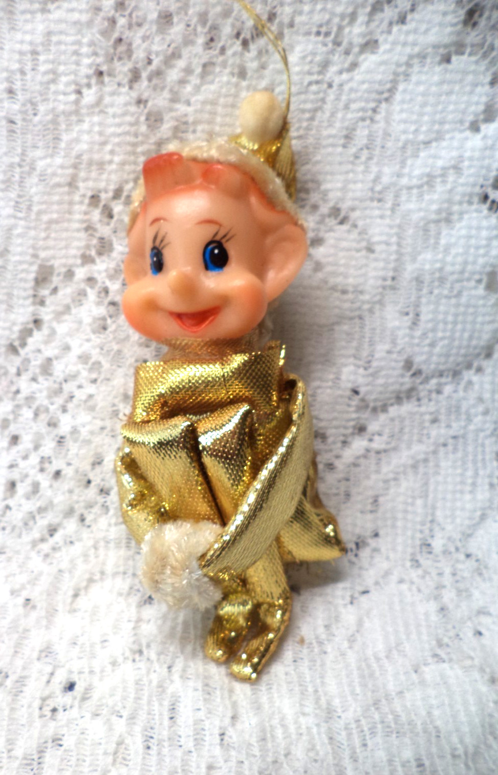 VINTAGE JAPAN GOLD LAME PIXIE ELF KNEE HUGGER CHRISTMAS ORNAMENT~APPROX. 8\