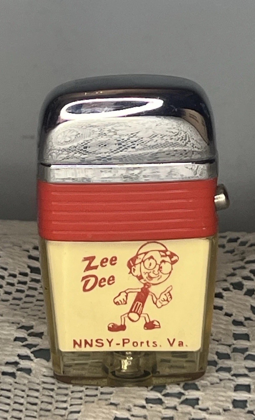 Vintage Scripto VU Advertising Lighter Red & Clear Zee Dee NNSY Portsmouth VA-A4 Vintage Scripto VU Advertising Lighter Red & Clear Zee Dee NNSY Portsmouth VA-A4