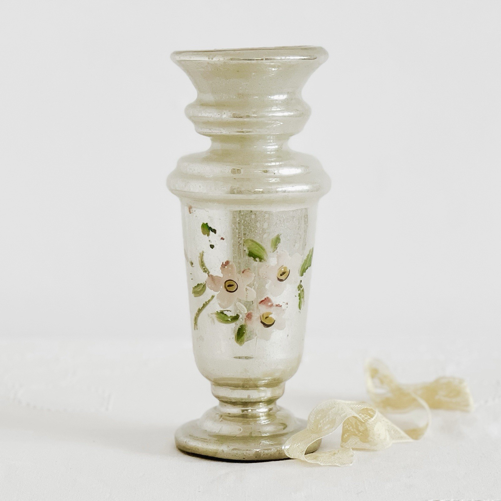 Antique Mercury Glass Vase With Hand Painted Flowers Cottagecore Decor