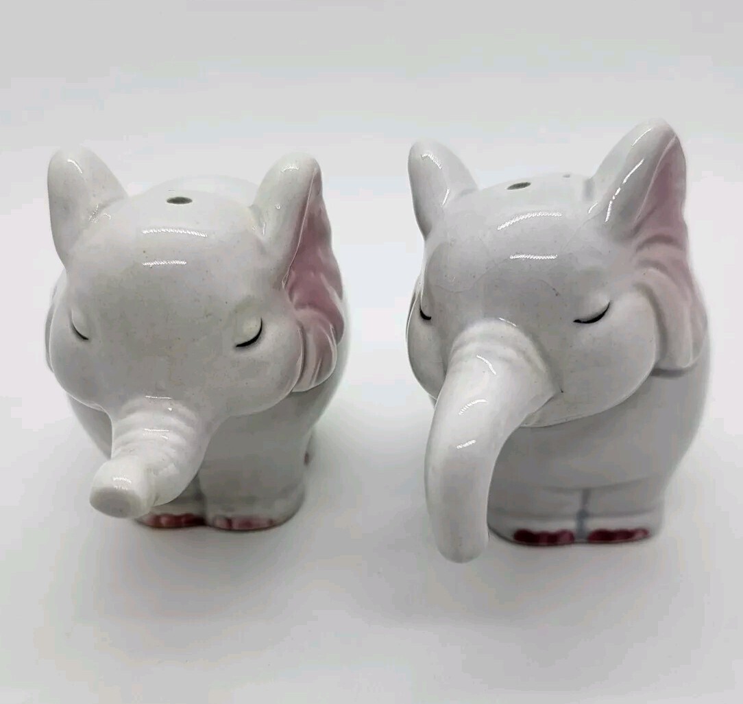 Vintage Pink & White Elephant Salt And  Pepper Shakers