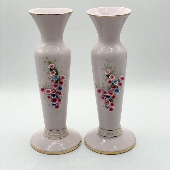 Lefton Vintage Hand Painted Pink Applied Dimensional Flowers Candlesticks Pair