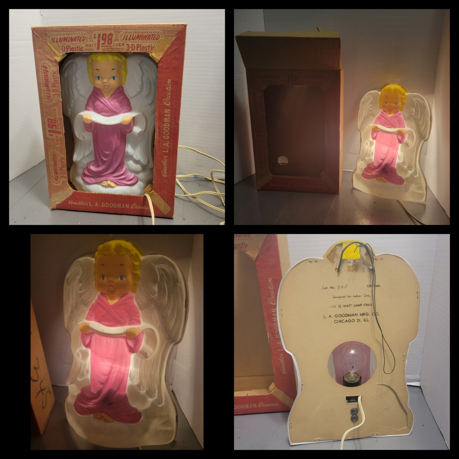 Vintage LA Goodman Christmas Angel 3D Plastic Light  VERY RARE Works W Box 