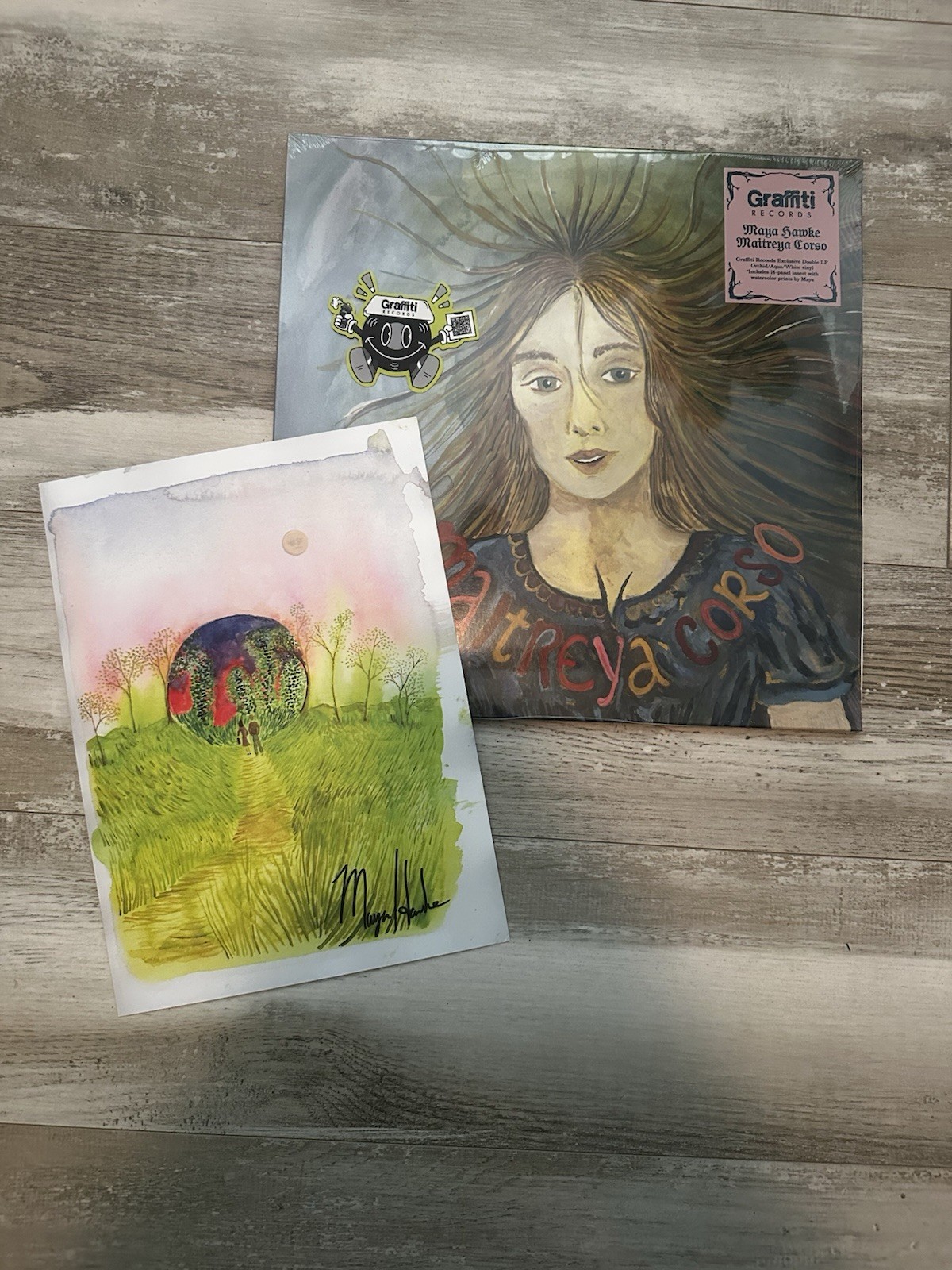 Maya Hawke SIGNED Maitreya Corso LP Vinyl Record Aqua White Orchid Print Maya Hawke SIGNED Maitreya Corso LP Vinyl Record Aqua White Orchid Print