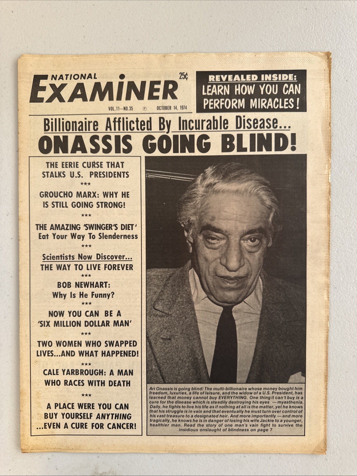 1974 October 14th National Examiner Newspaper, Onassis Going Blind (VRN10B