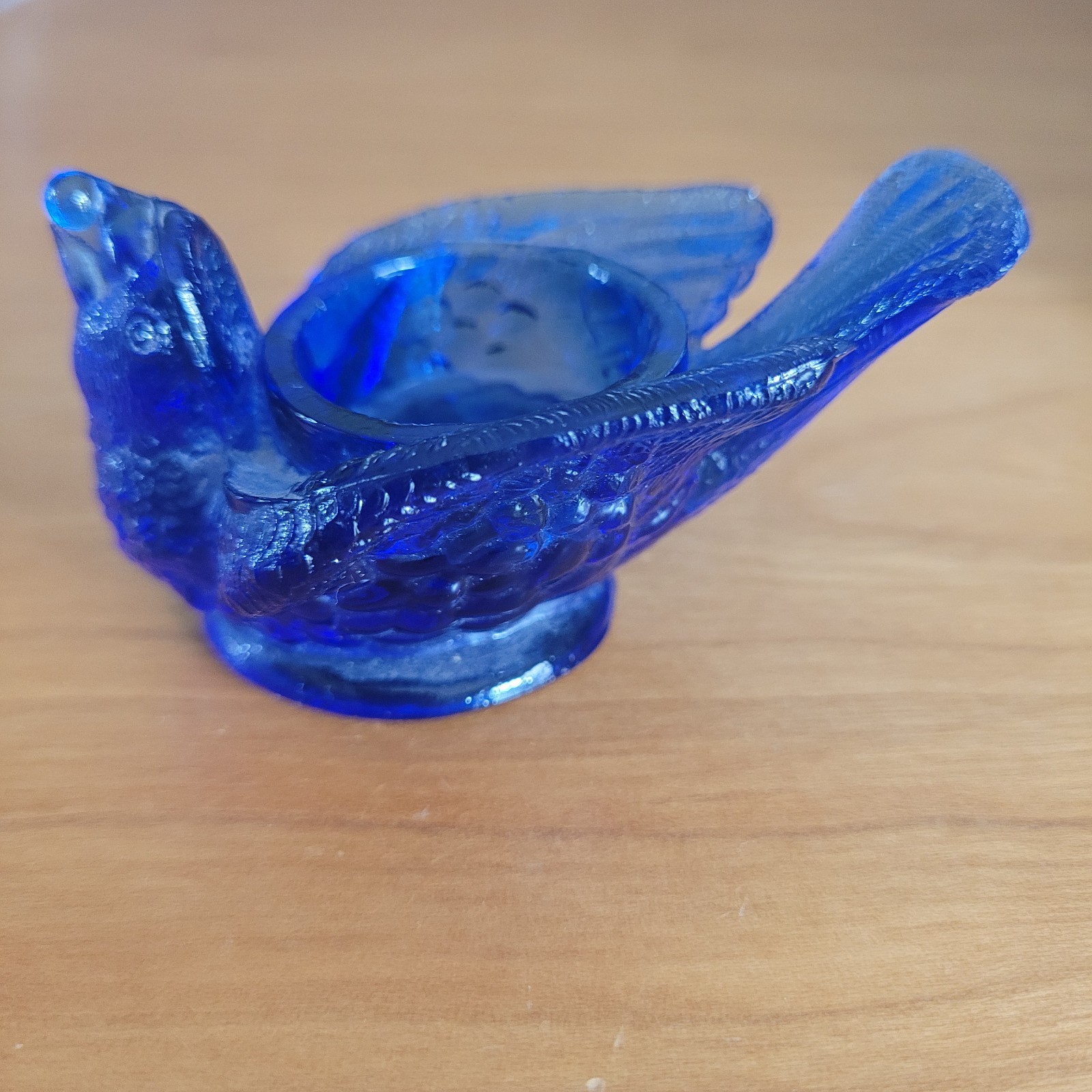Vintage DEGENHART Cobalt Blue Glass Bird & Berry SALT CELLAR