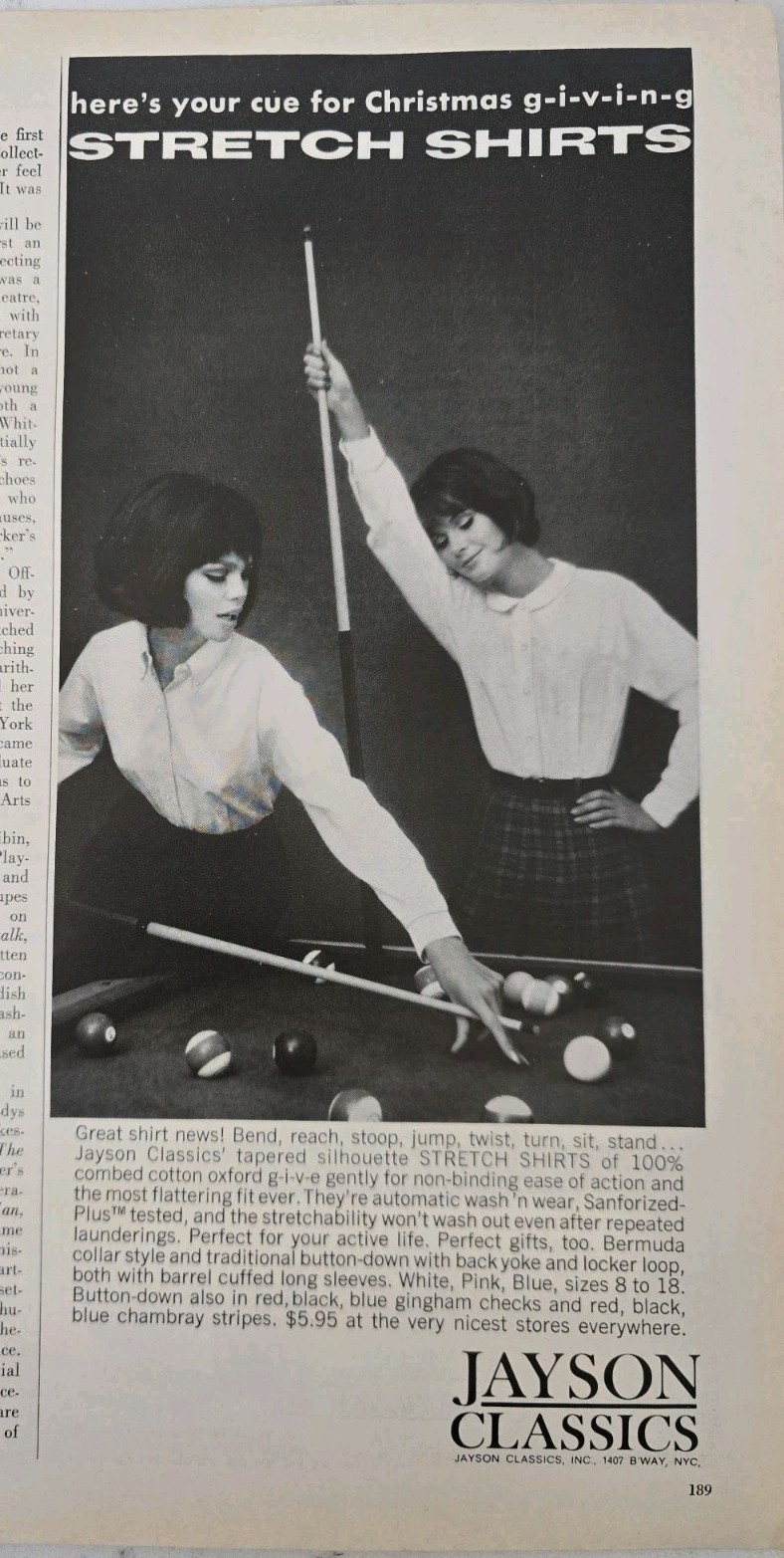 1963 Women's Jayson Classics Stretch Shirts women playing pool Vintage Ad 1963 Women's Jayson Classics Stretch Shirts women playing pool Vintage Ad
