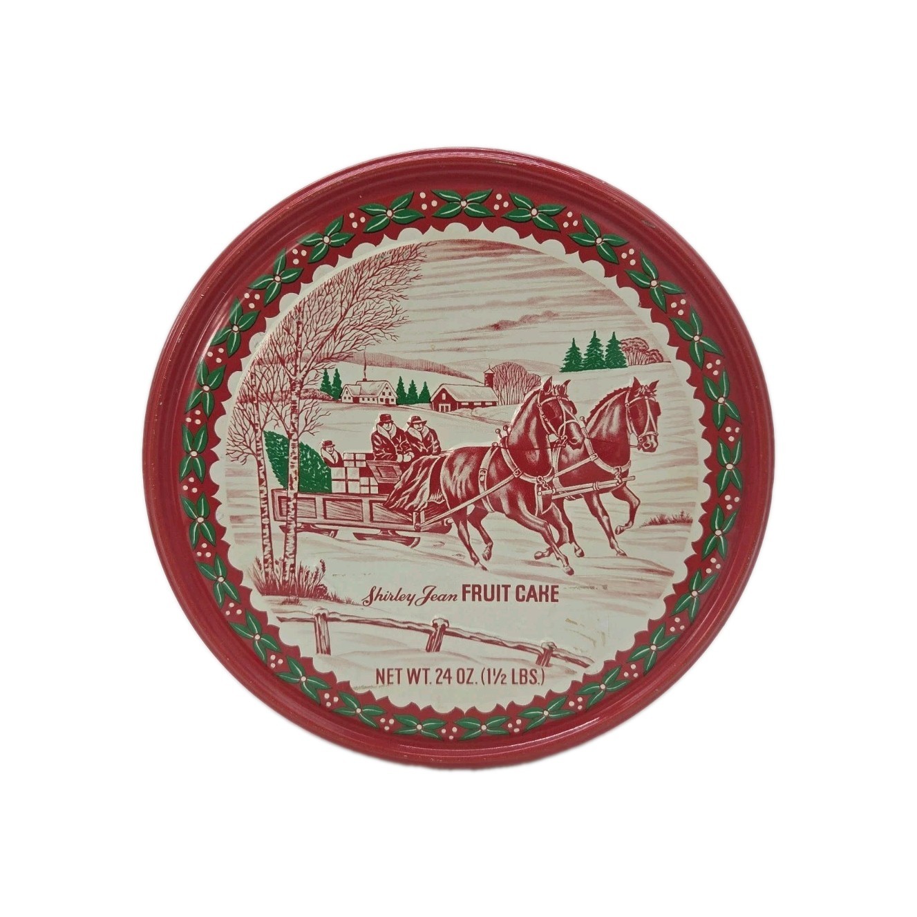 Vtg Shirley Jean Embossed  7” Fruit Cake Tin USA Red Christmas Horses Sleigh