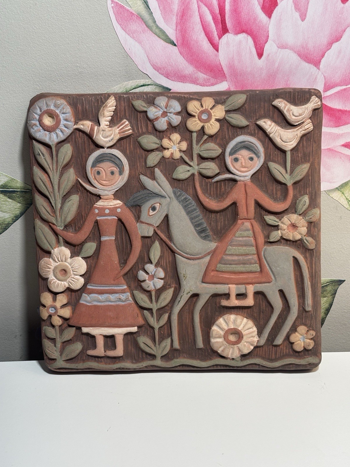 Vintage MCM Terracotta Relief Wall Plaque Folk Art Woman Donkey Flowers