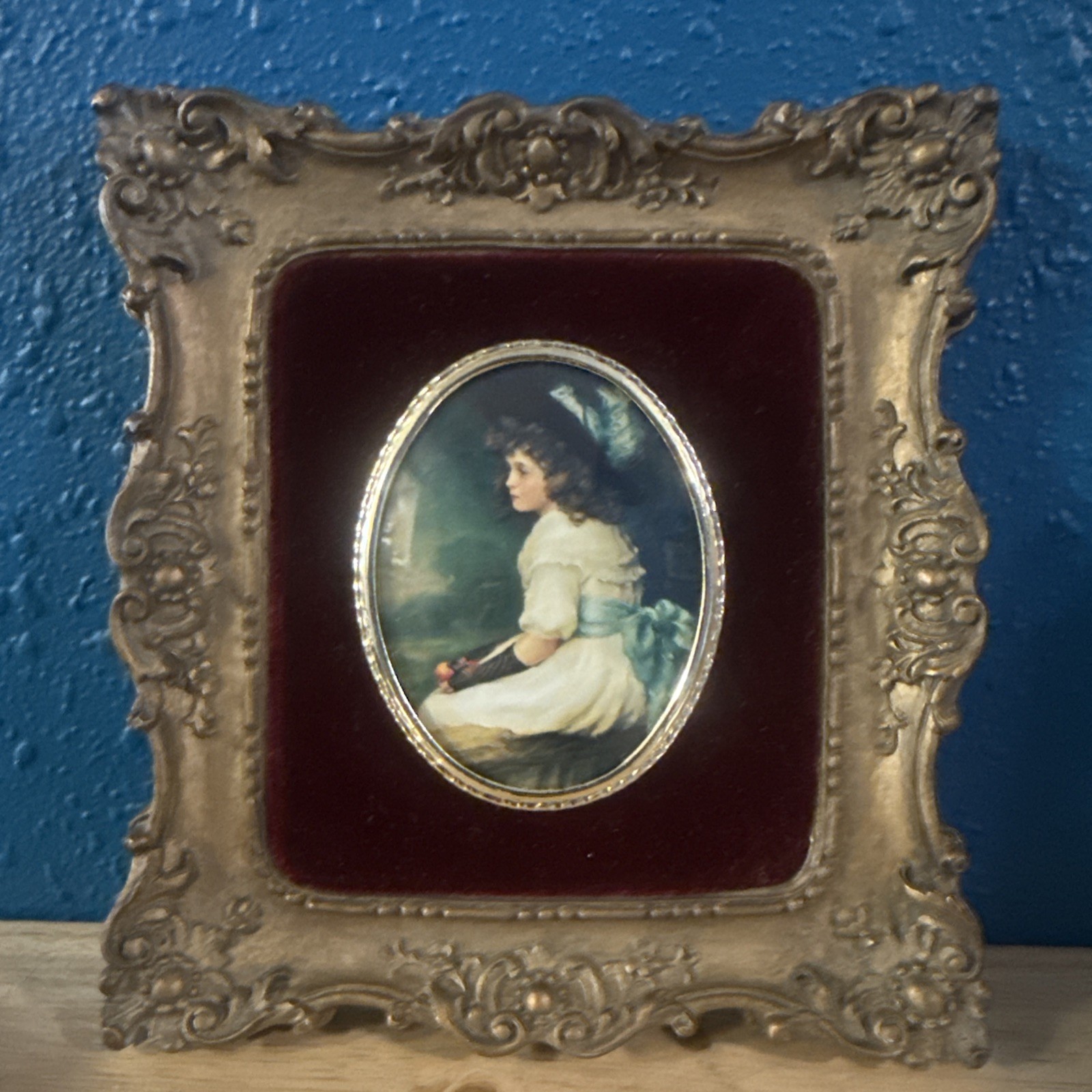 Vintage Ornate Framed Portrait Miniature Victorian Style Burgundy Velvet 7”