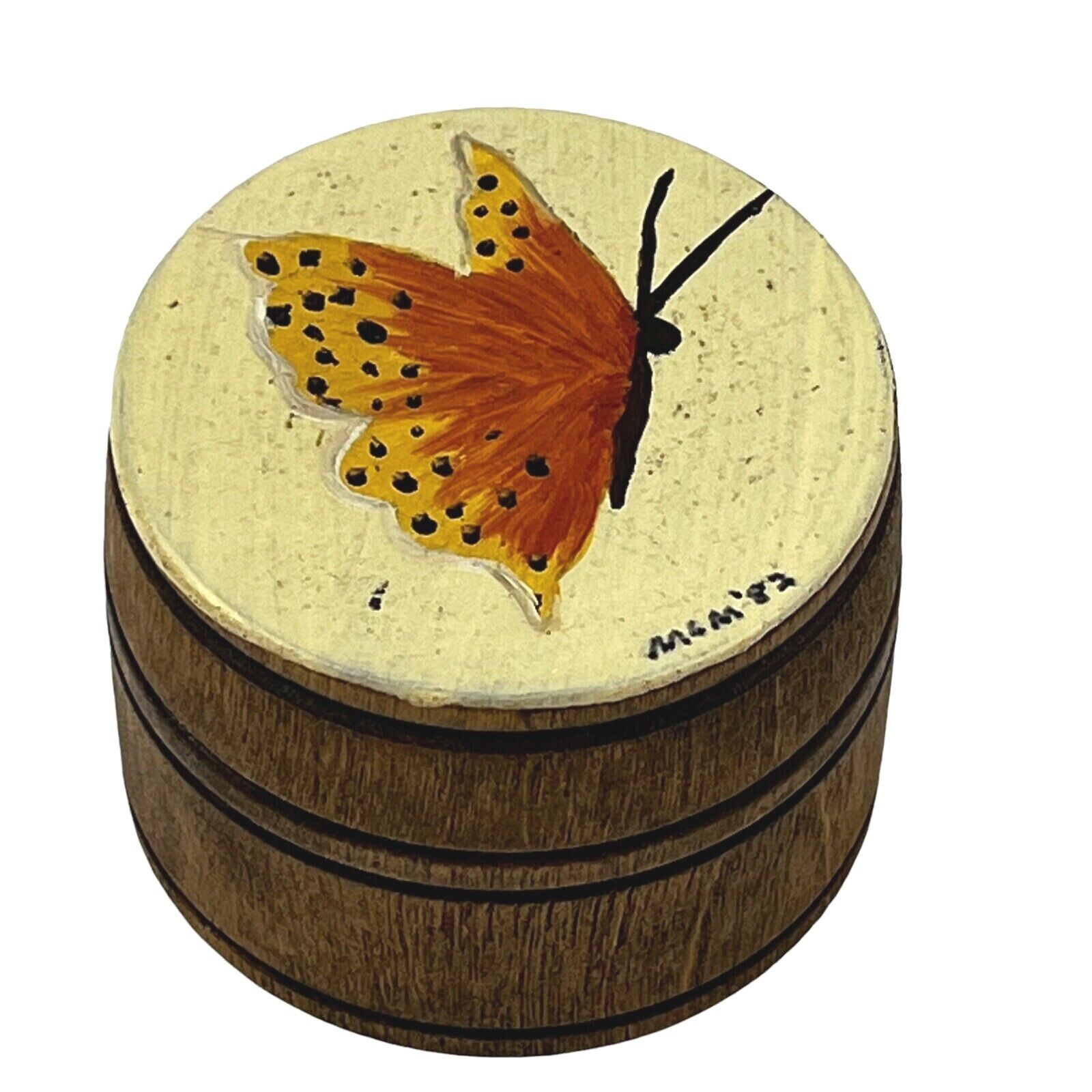Vintage Butterfly Hand Painted Wood Trinket Box Artist Signed 1982 Yellow Brown
