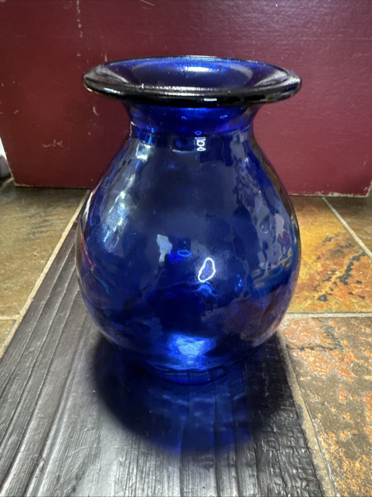 Vintage Cobalt Blue Mold Blown Glass Vase Bulbous Flared Rim Ground Base 7” Tall