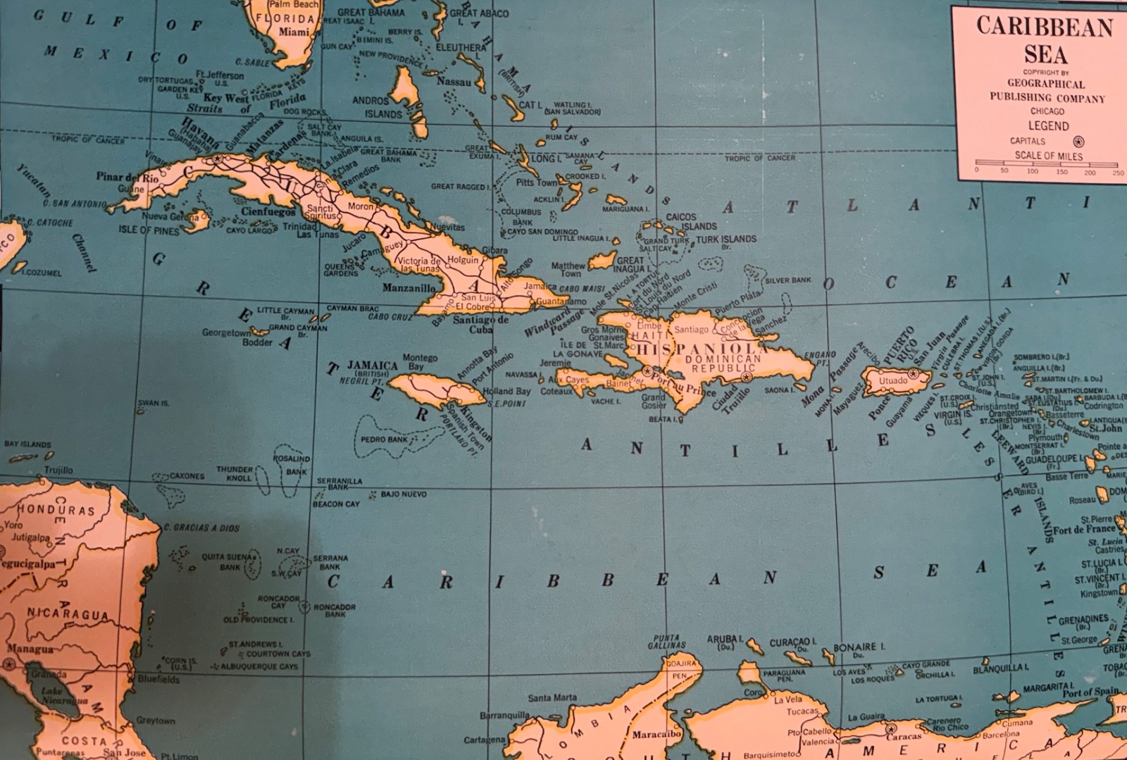 Vintage 1945 WORLD WAR 2 ERA CARIBBEAN ISLANDS MAP  Estate Sale