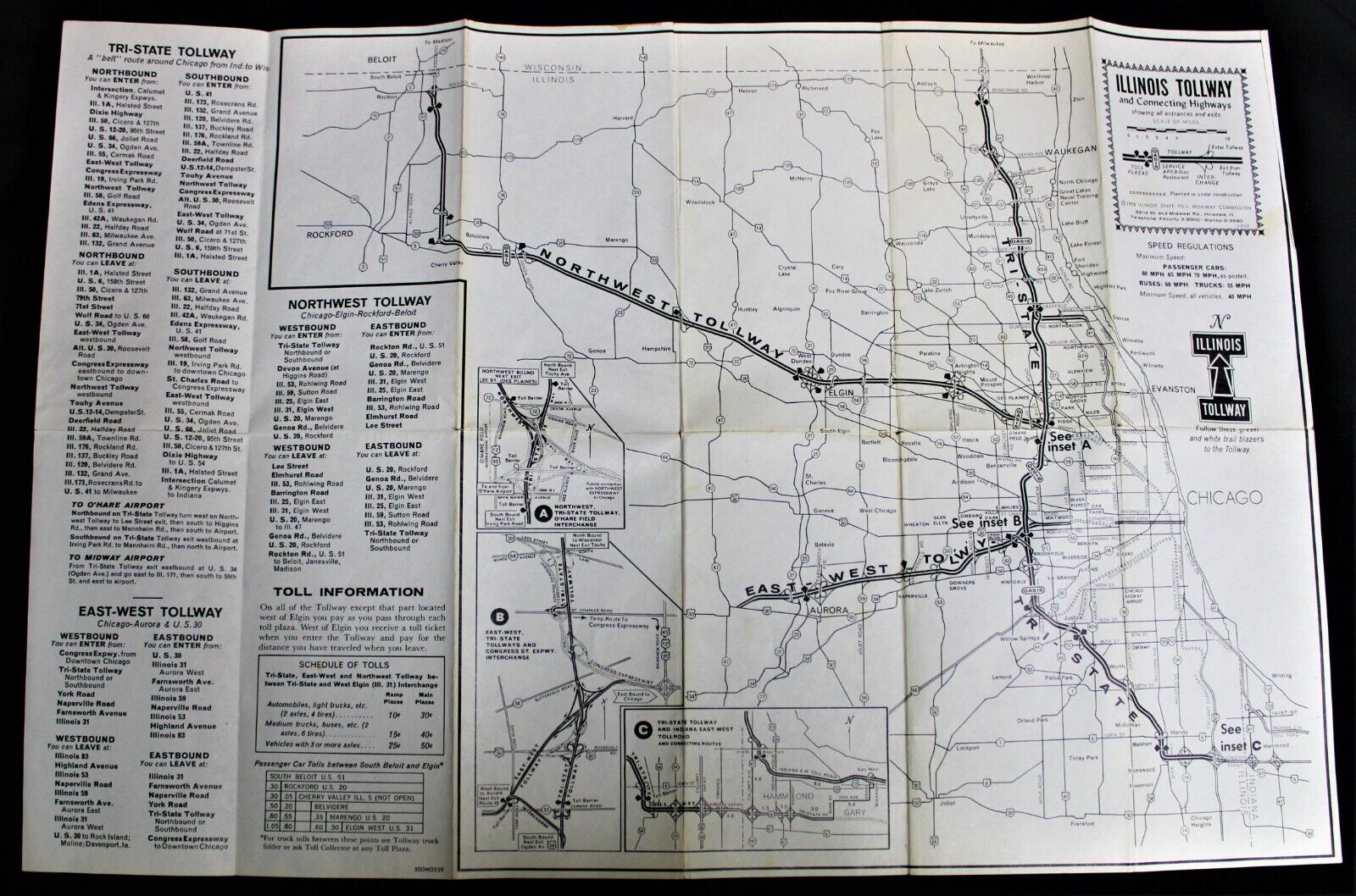 ILLINOIS TOLLWAY MAP & INFORMATIONAL BROCHURE CHART 1958 VINTAGE AUTO TRAVEL