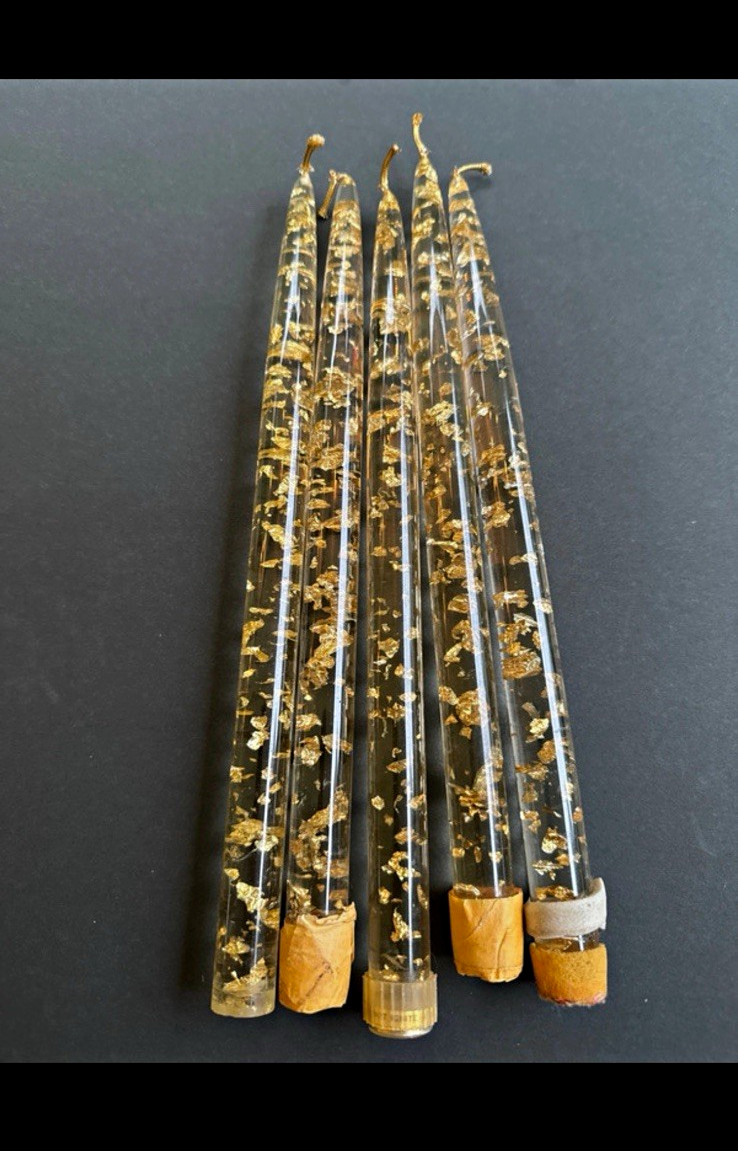 Vintage Clear & Gold Flake Lucite Tapered 12 inch Candles