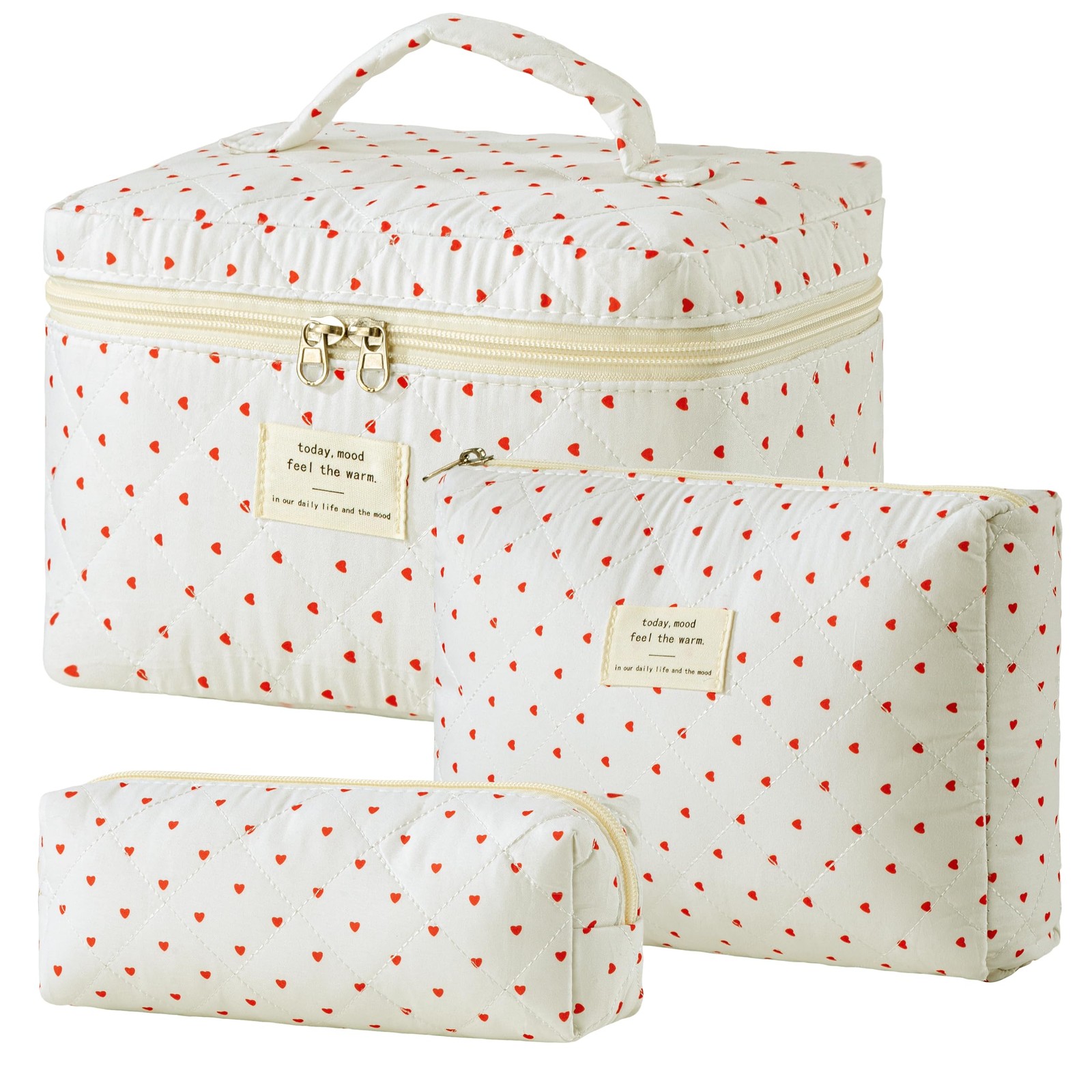 HBselect Quilted Makeup Bag 3Pcs Cotton Large Travel Organizer