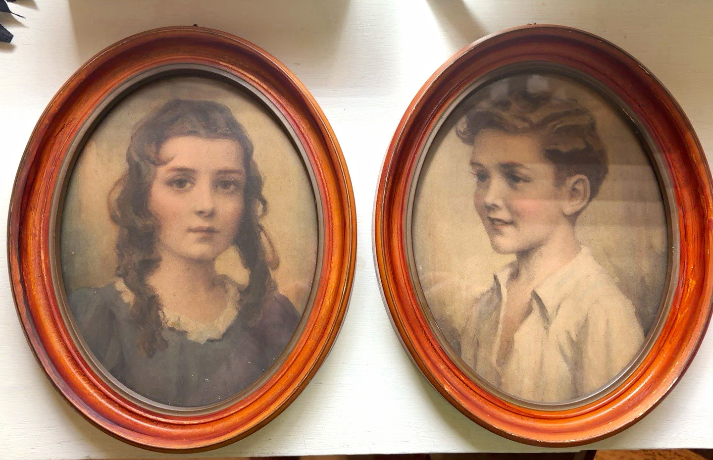 Vintage Hope Novelty Co Detroit Oval Boy Girl Portrait Prints Wood Frames Pair Vintage Hope Novelty Co Detroit Oval Boy Girl Portrait Prints Wood Frames Pair