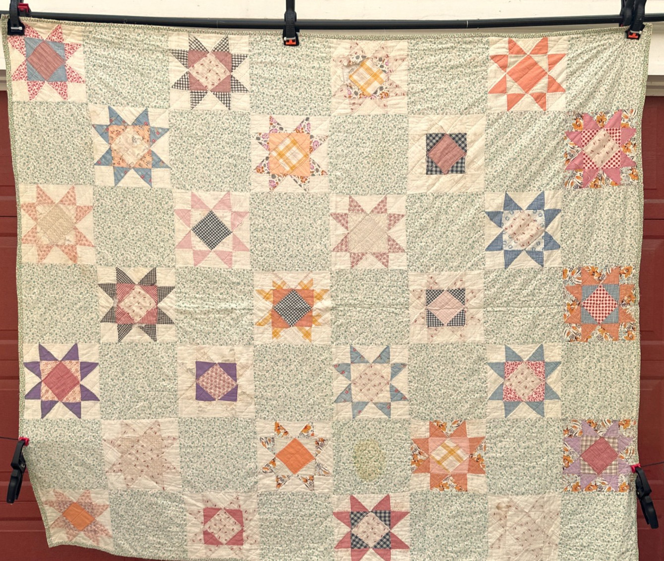 Apx 1940s Vintage Quilt 8 Point Star Pattern Feedsack & Cottons CUTTER or REPAIR