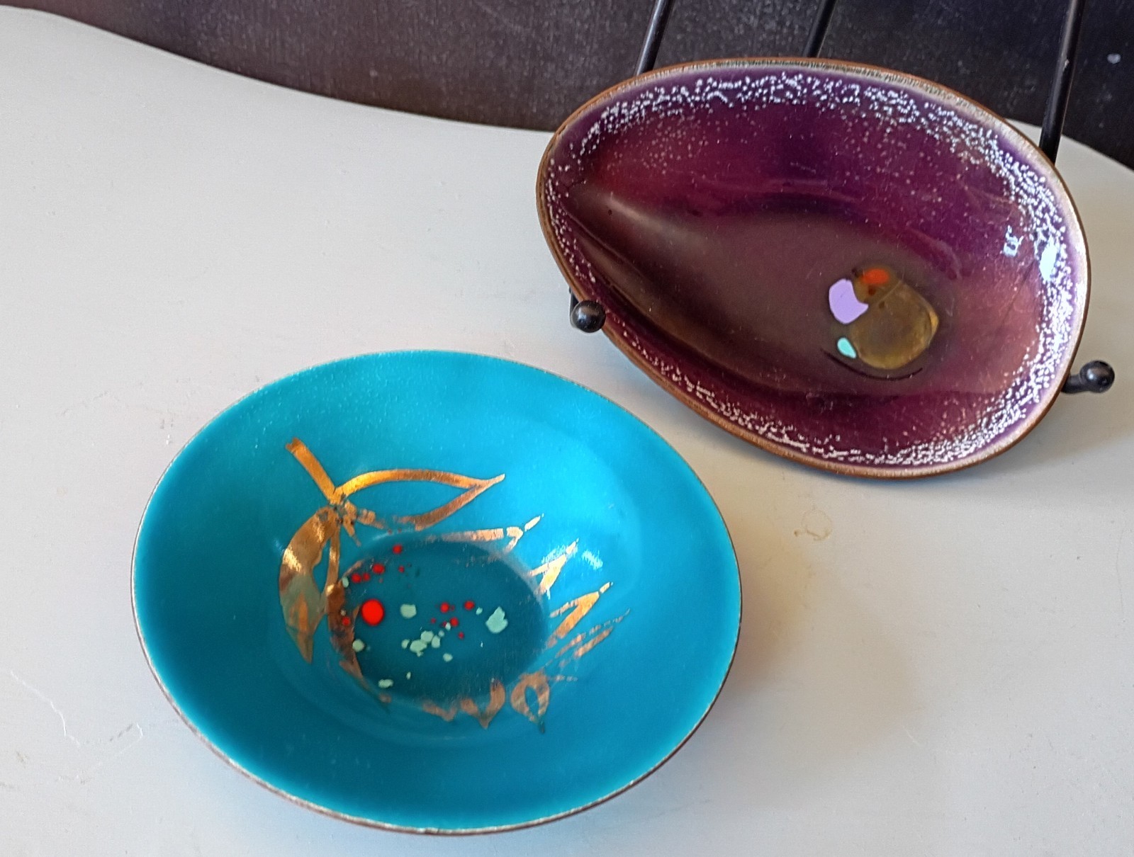 Pair of Edward Winter Enamel on Copper Bowls, MCM Enamelware