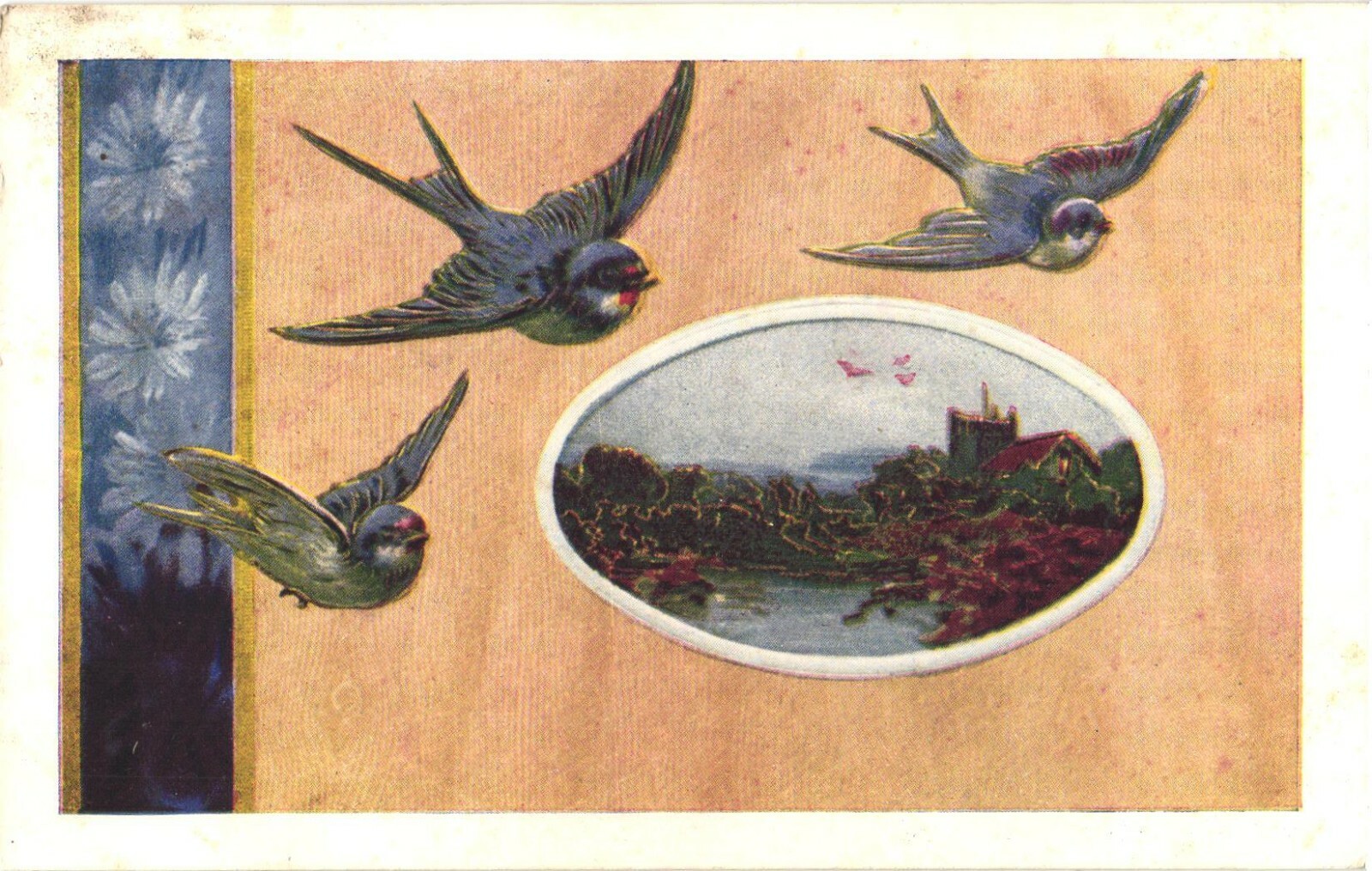 Flying Swallows Birds Art Divided Back Postcard 1909 Allen MI Postmark Flying Swallows Birds Art Divided Back Postcard 1909 Allen MI Postmark