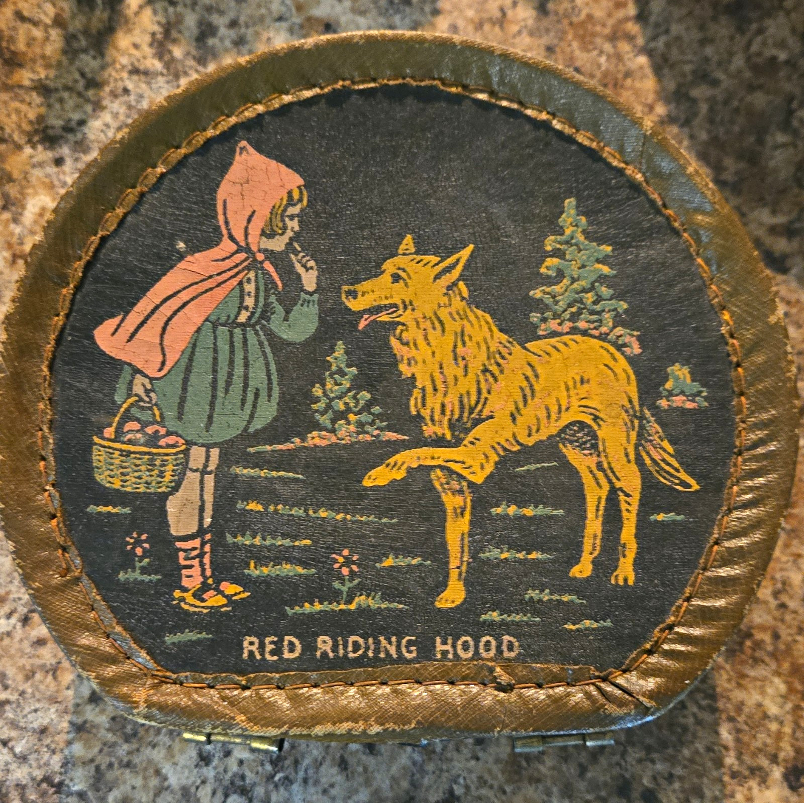 Vintage Little Red Riding Hood Oval Leather & Metal Box Case Lidded Handle