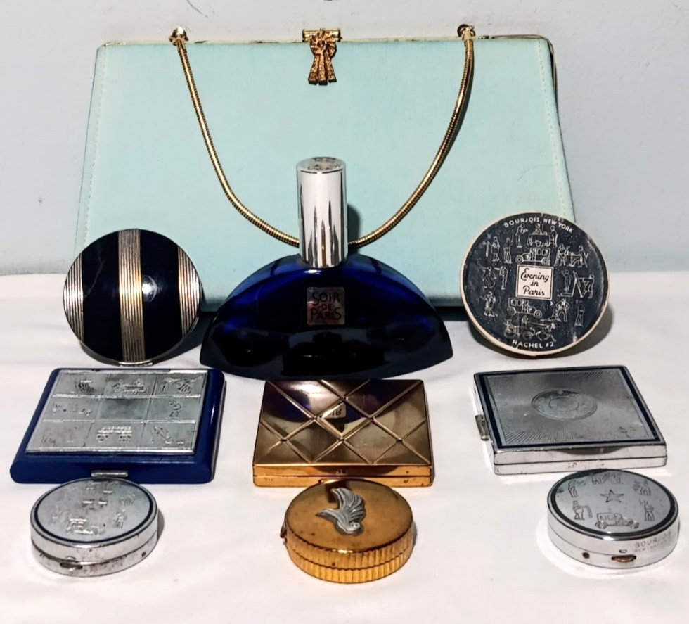 Vintage Evening in Paris Perfume Bourjois Powder Rouge Compact Lot Brass Enamel