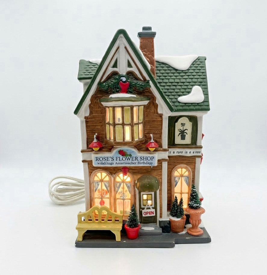 Department 56 Snow Village Rose's Flower Shop Lighted Ceramic Building 2000s Department 56 Snow Village Rose's Flower Shop Lighted Ceramic Building 2000s