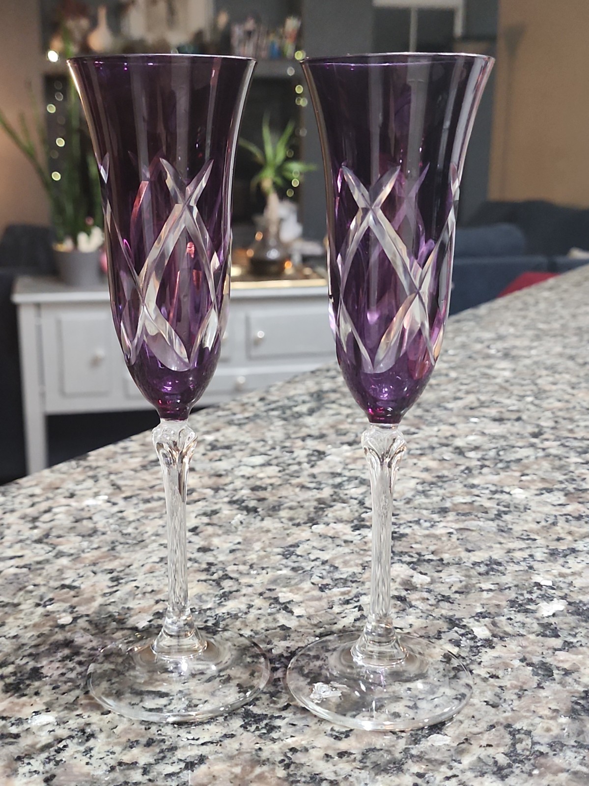 2 Bohemian Czech Cut Clear Crystal Amethyst Purple Wine Glasses Champagne Flutes 2 Bohemian Czech Cut Clear Crystal Amethyst Purple Wine Glasses Champagne Flutes