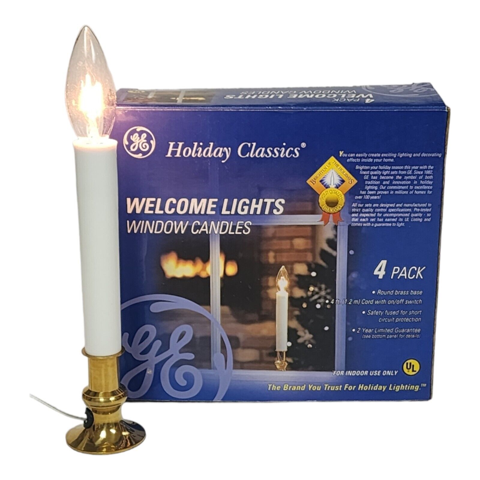 GE Holiday Classics 4pk Candelabra Lightbulb Window Candles Brass Base 4ft Cord