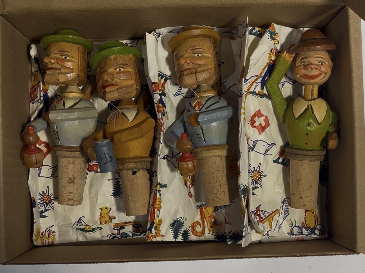 Lot of 4 Vintage Hand-Carved Wooden Mechanical Bottle Stoppers– AlpineANRI Style