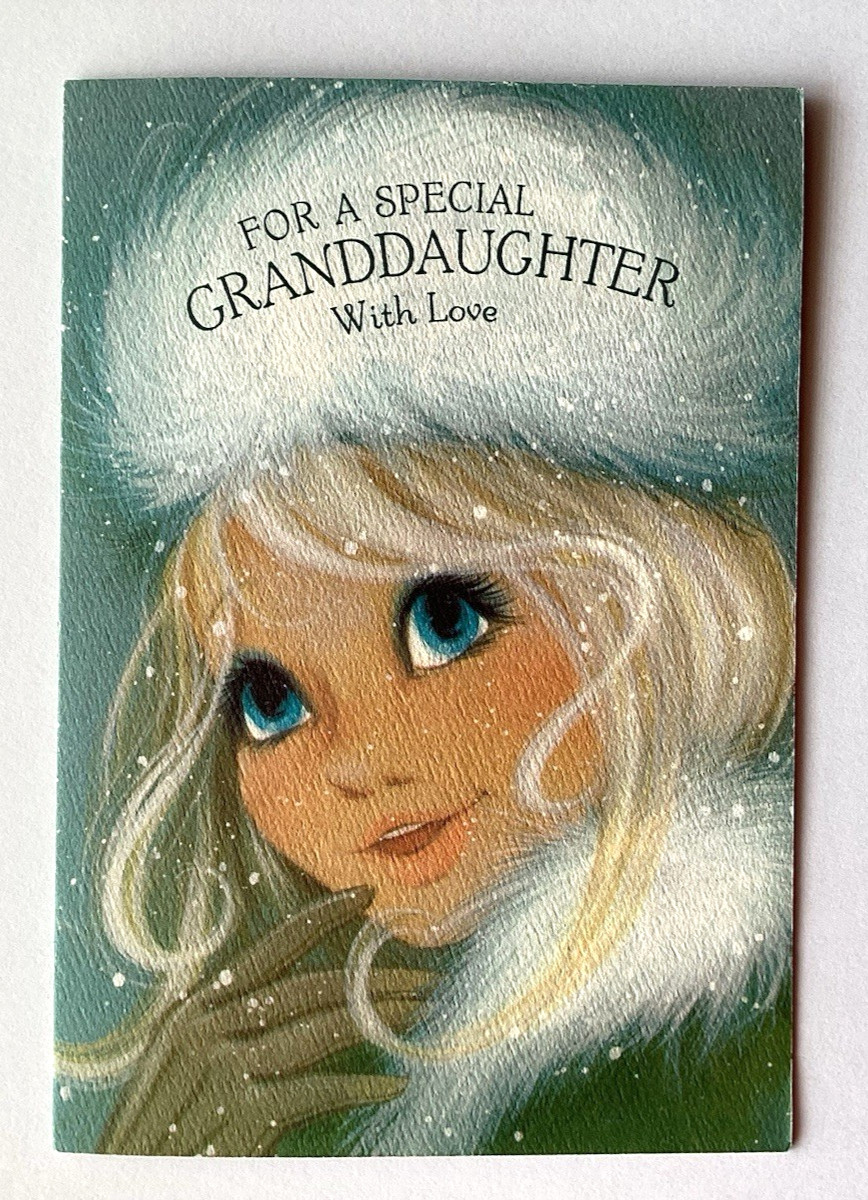 Vintage Christmas Card TEEN GIRL FLUFFY SNOW HAT Hallmark Used