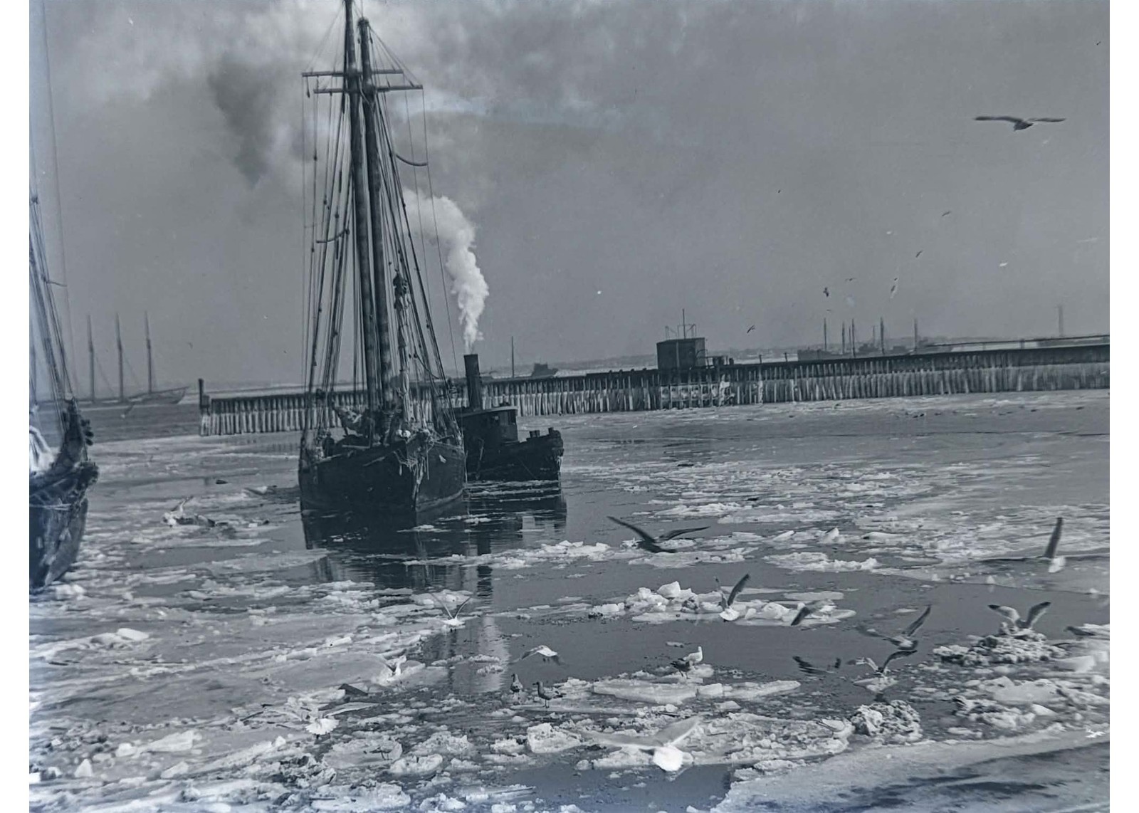 1920s Boston Harbor Iced-In Fishing Schooner & Steam Tug Glass Negative OOAK