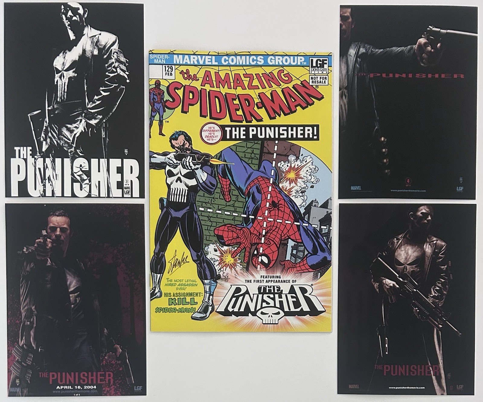 SIGNED Amazing Spider-Man #129 REPRINT + (4) The Punisher Movie Promo 5 X 7's